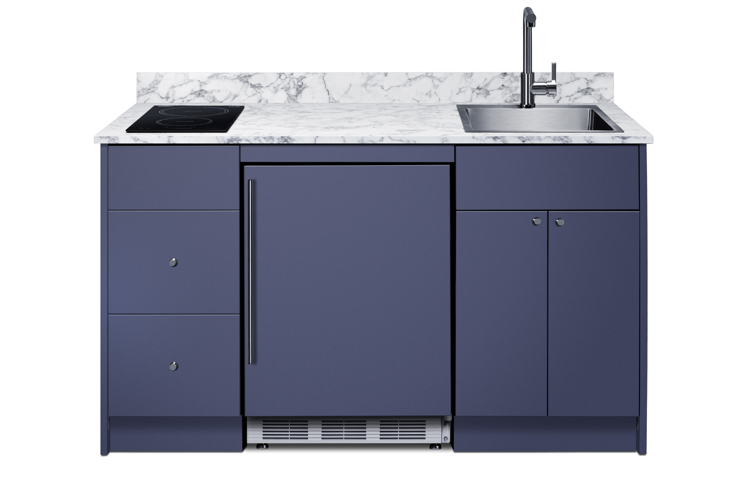 Turnkey Caldera Kitchen featuring pre-assembled cabinetry and countertop in a modern midnight navy finish, complete with ENERGY STAR certified refrigerator-freezer, ENERGY STAR certified 115V induction cooktop, storage drawers, and sink with faucet; ships in two boxes on one pallet